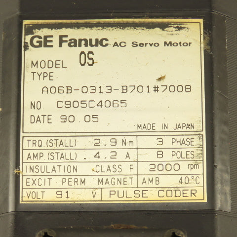 GE Fanuc A06B-0313-B701 91V AC Servo Motor 2000RPM Brake Pulse Coder Need Repair