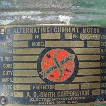 AO Smith 254-2789 3Hp 1170RPM 3Ph 220/440V Frame 254 AC Motor