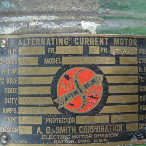 AO Smith 254-2789 3Hp 1170RPM 3Ph 220/440V Frame 254 AC Motor