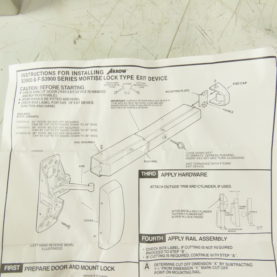 Arrow S3900 Right Handed Push Bar Exit Device Stainless Steel 30"