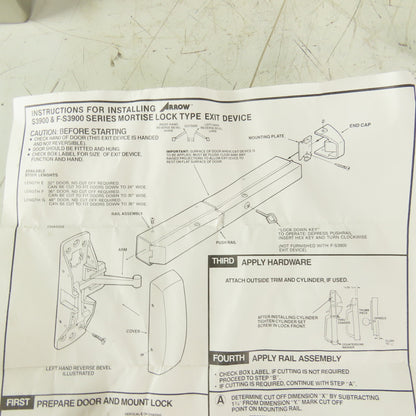 Arrow S3900 Right Handed Push Bar Exit Device Stainless Steel 30"