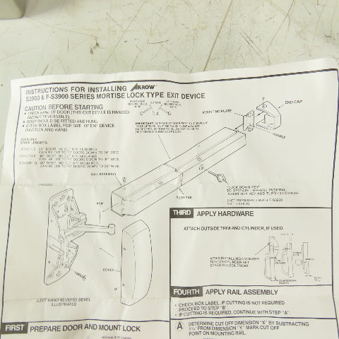 Arrow S3900 Right Handed Push Bar Exit Device Stainless Steel 30"