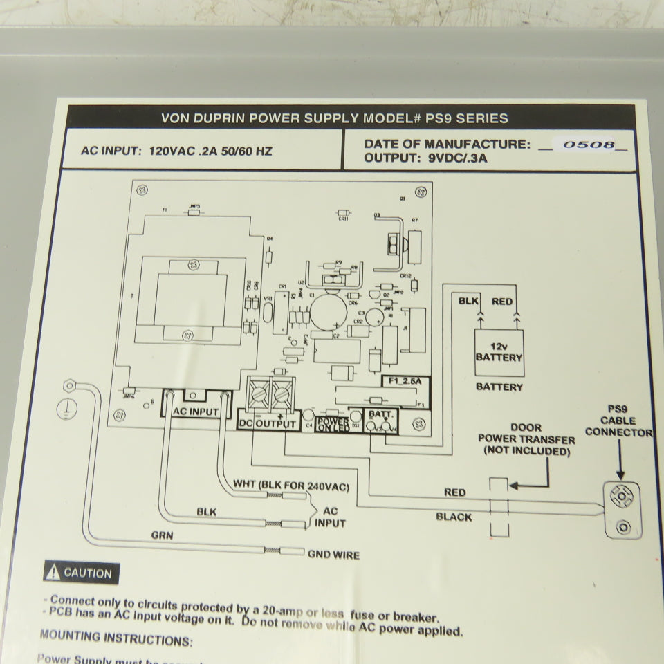 Von Duprin PS9 120VAC 50/60Hz Access Control Power Supply 9VDC Output