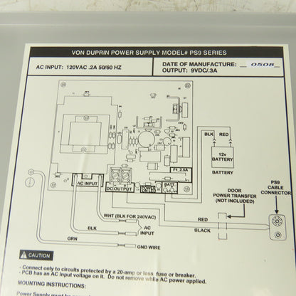 Von Duprin PS9 120VAC 50/60Hz Access Control Power Supply 9VDC Output