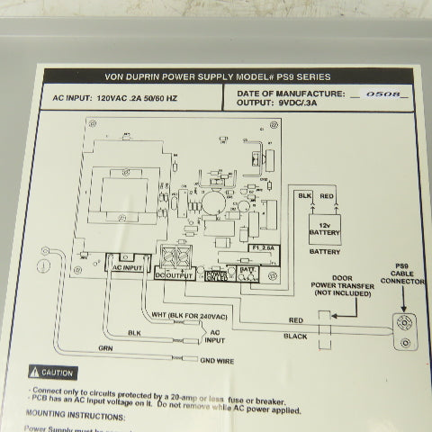 Von Duprin PS9 120VAC 50/60Hz Access Control Power Supply 9VDC Output