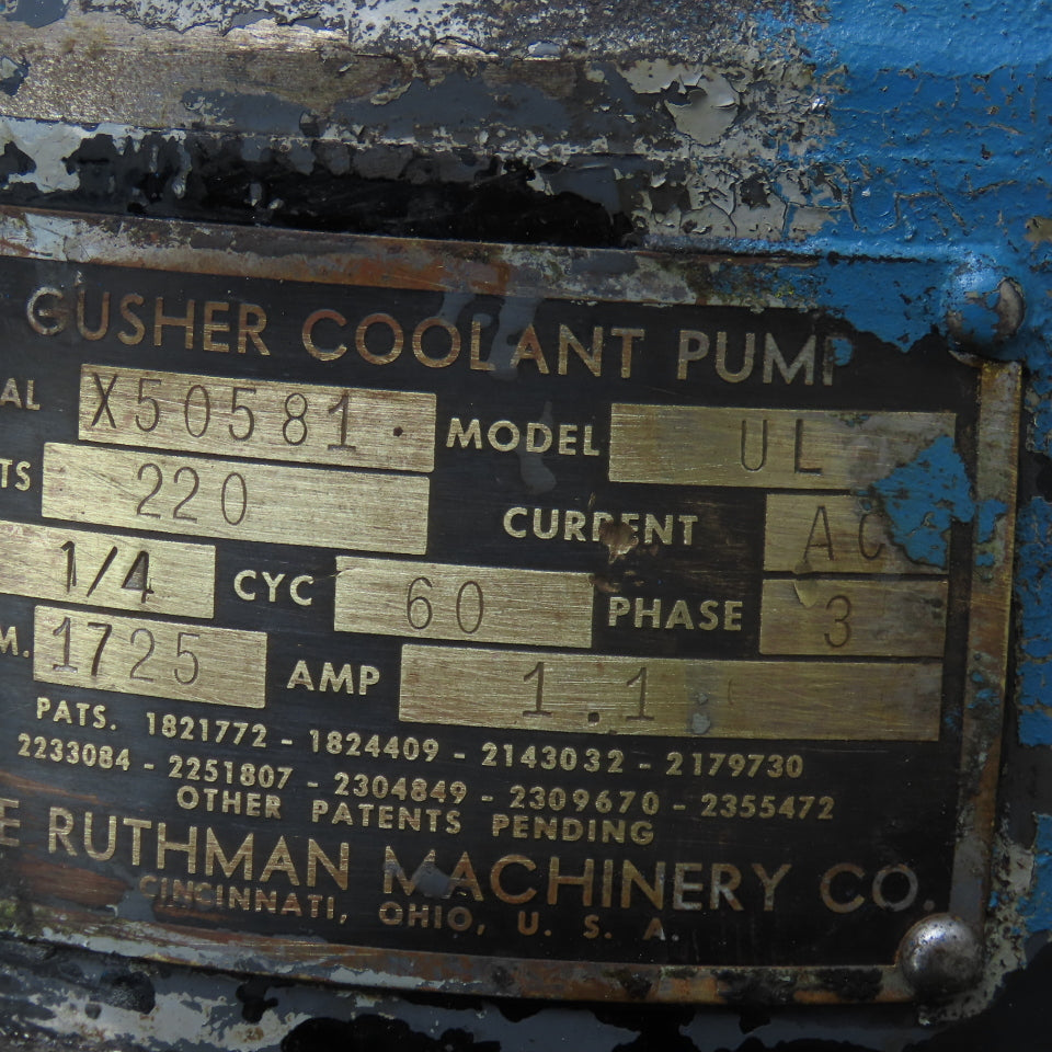Gusher Model UL 220V 1/4Hp 1725RPM 3Ph Coolant Pump 7 Gal Reservoir