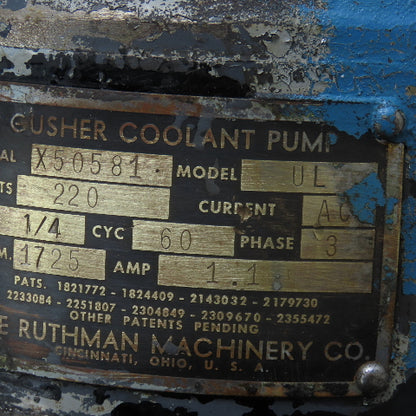 Gusher Model UL 220V 1/4Hp 1725RPM 3Ph Coolant Pump 7 Gal Reservoir