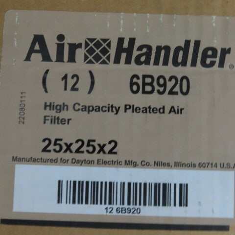 Air Handler 6B920 Pleated Air Filter,25x25x2 MERV 8 Lot of 12