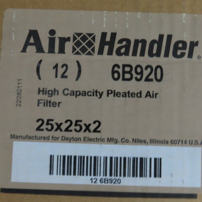 Air Handler 6B920 Pleated Air Filter,25x25x2 MERV 8 Lot of 12