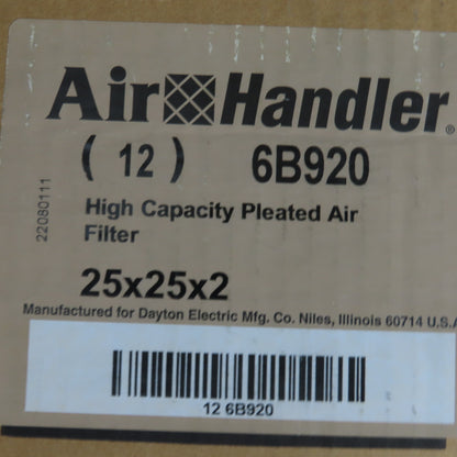 Air Handler 6B920 Pleated Air Filter,25x25x2 MERV 8 Lot of 12