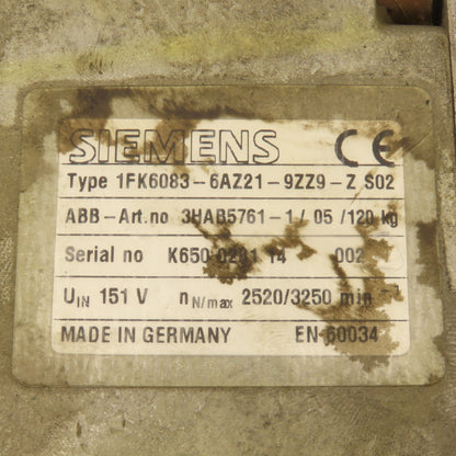 Siemens 1FK6083-6AZ21-9ZZ9-ZS02 AC Electric Servo Motor 151VAC