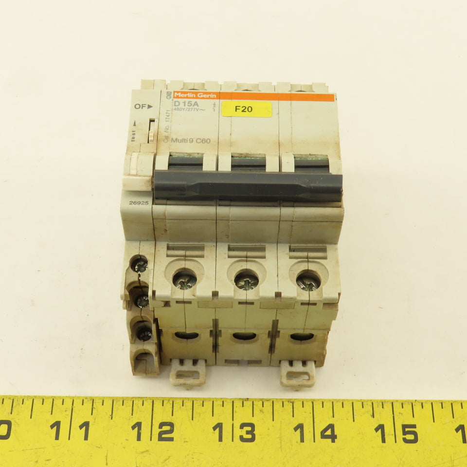 Merlin Gerin 17471 Multi 9 3 Pole D15A 15A Circuit Breaker W/ Auxiliary