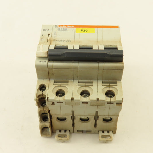 Merlin Gerin 17471 Multi 9 3 Pole D15A 15A Circuit Breaker W/ Auxiliary