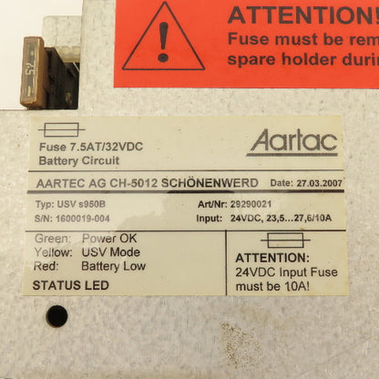 Aartac USV s950B CH-5012 24VDC Battery Back