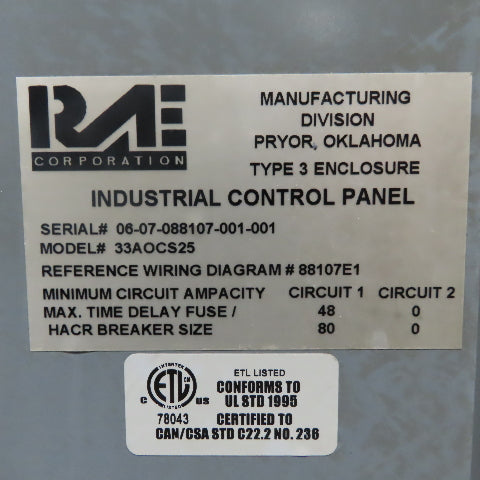 RAE 33A0CS25 Copeland 4DK3R22ME-TSK-800 Refrigeration Chiller 480V 3Ph