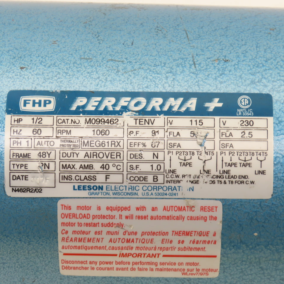 FHP M099462 Performa + 1/2Hp 1060RPM 1Ph 115/230V AC Motor