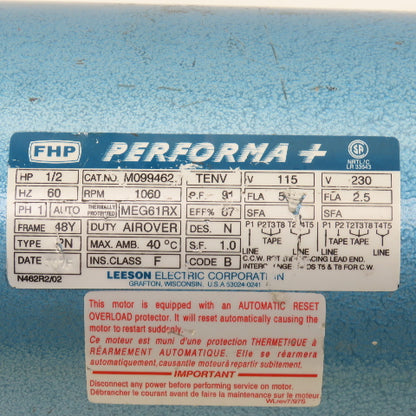 FHP M099462 Performa + 1/2Hp 1060RPM 1Ph 115/230V AC Motor