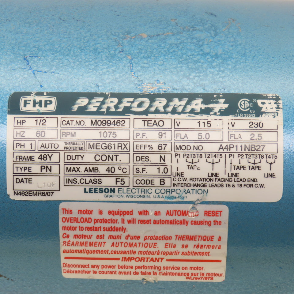 FHP M099462 Performa + 1/2Hp 1075RPM 115/230V 1Ph AC Motor