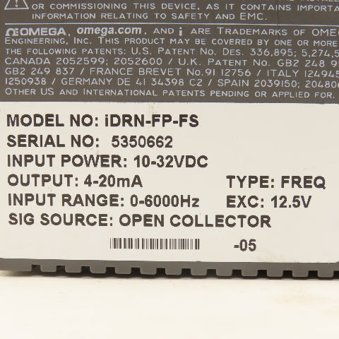 Omega IDRN-FP-FS 10-32VDC Signal Conditioner RS232C Comm Connector