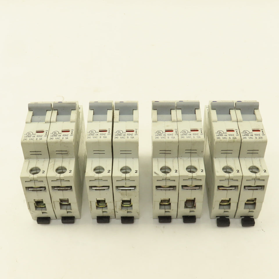 Allen Bradley 1492-SPU Single Pole Circuit Breakers Two Each 5A, 10A, 15A, 20A