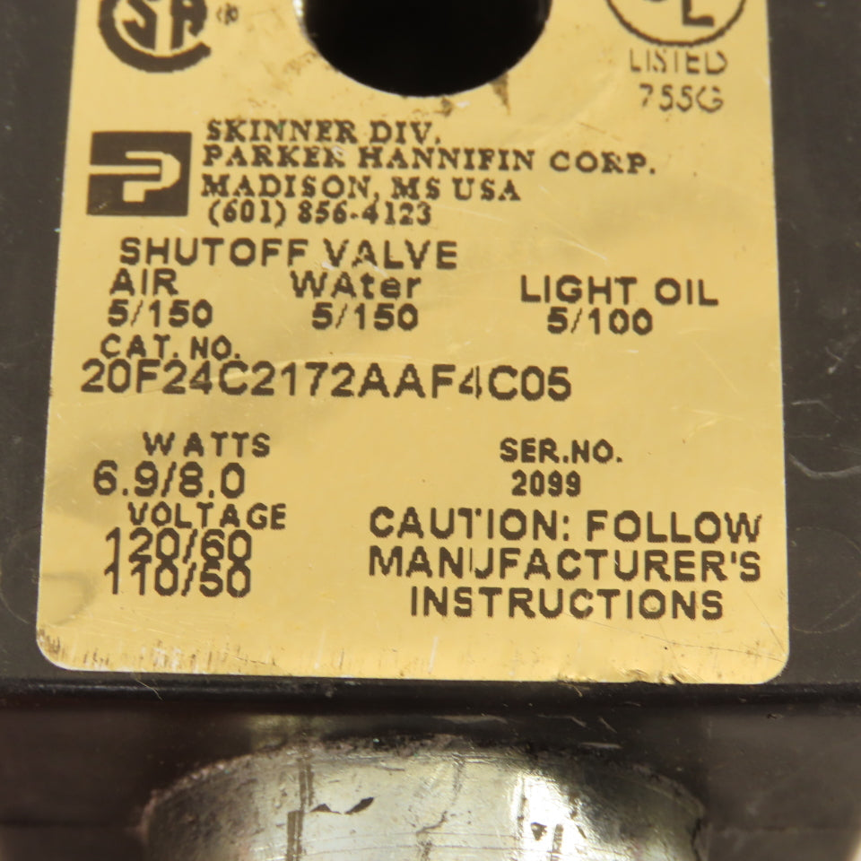 Parker 20F24C2172AAF4C05 Solenoid Valve Coil 120V Wired To Extension 25'