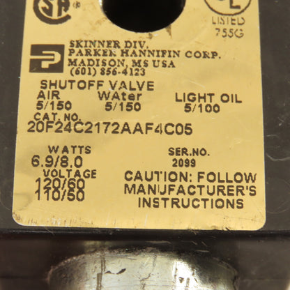 Parker 20F24C2172AAF4C05 Solenoid Valve Coil 120V Wired To Extension 25'
