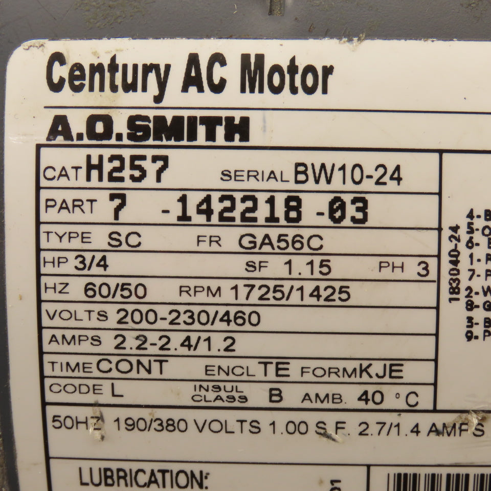 AO Smith 7-142218-03 3/4Hp 1725RPM 3Ph 200-230/460V GA56C AC Motor
