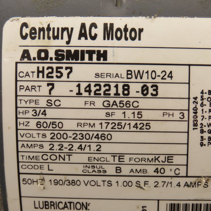 AO Smith 7-142218-03 3/4Hp 1725RPM 3Ph 200-230/460V GA56C AC Motor