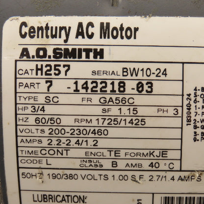 AO Smith 7-142218-03 3/4Hp 1725RPM 3Ph 200-230/460V GA56C AC Motor