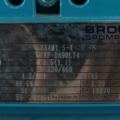 Brook BA4M1.5-4 1.5Hp 1745RPM 3Ph 230/460V 50/60Hz Brake Motor
