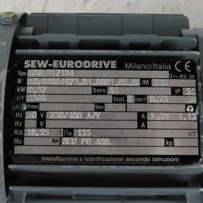 Sew Eurodrive W30 DT71D4 10.25:1 Ratio 135RPM 230/400V Gear Motor 0.37kW 50Hz