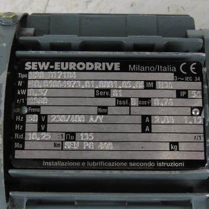 Sew Eurodrive W30 DT71D4 10.25:1 Ratio 135RPM 230/400V Gear Motor 0.37kW 50Hz