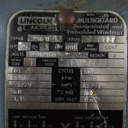 Lincoln Type DBG 25Hp 3466RPM 3Ph 230/460V 286-U Frame Multiguard Motor