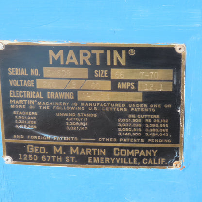 Martin 66 7-70 Press Stacker Hydraulic Powered 220V Single Phase 0- 770 FPM