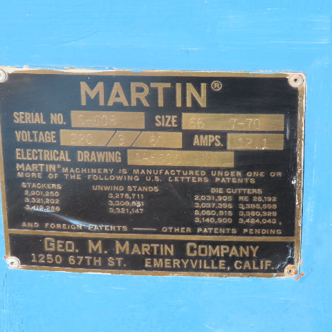 Martin 66 7-70 Press Stacker Hydraulic Powered 220V Single Phase 0- 770 FPM