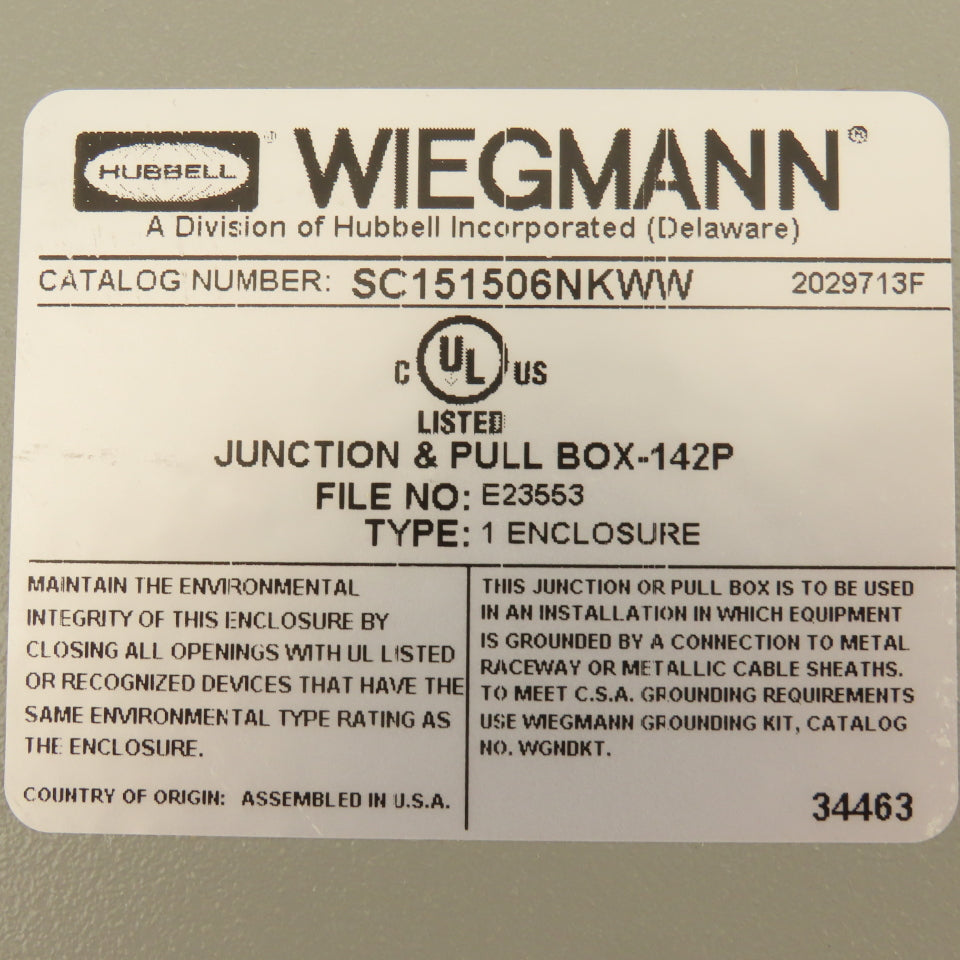 Wiegmann SC151506NKWW 15" x 15" x 6" Junction Pull Box J-Box Type 2 NIB