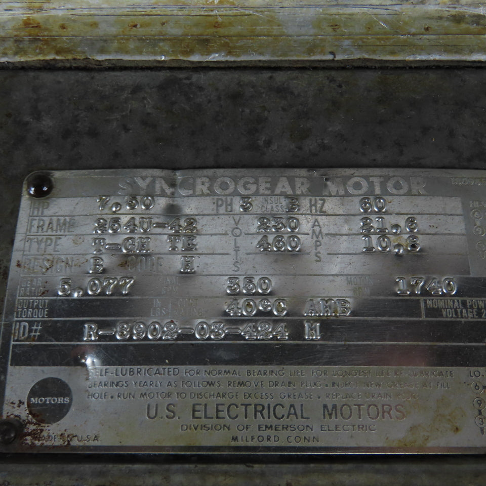 US Motors T-GH-TE Syncorgear 7.5 Hp Gear Motor 230/460V 350 RPM