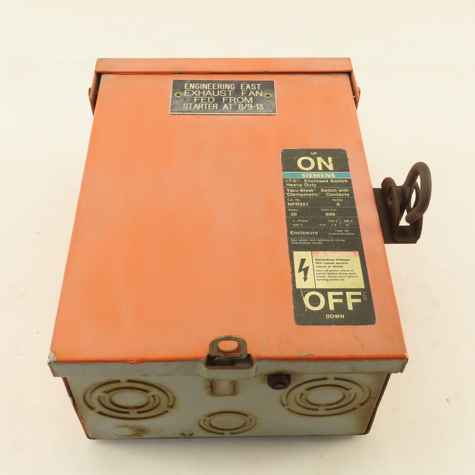 Siemens NFR351 30A 600V Non Fused Safety Disconnect 3R Outdoor Enclosure