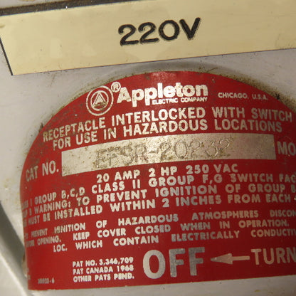 Appleton EFSR-20232 20A 250VAC Interlocked Hazardous Location 2 Gang Plug Box