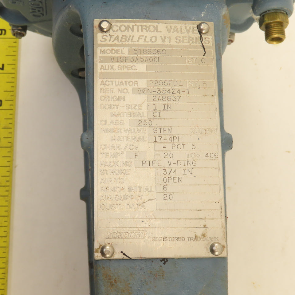 Foxboro V1SF3A5A00L Stabilflo 1" NPT Class 250 Pneumatic Actuator Gate Valve