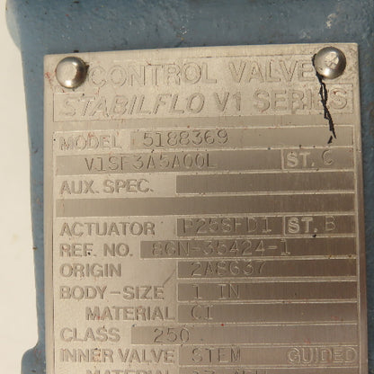 Foxboro V1SF3A5A00L Stabilflo 1" NPT Class 250 Pneumatic Actuator Gate Valve