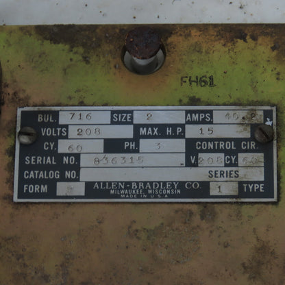 Allen Bradley Bul 716 208V 15Hp 3Ph Size 2 Manual Reversing Motor Starter Parts
