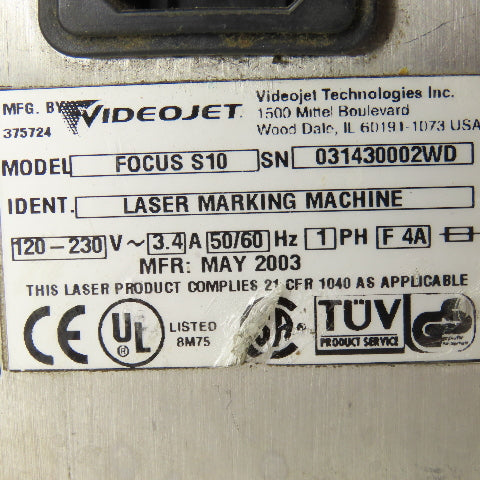 Videojet Focus S10 Laser Marking Machine 120-230V 1Ph