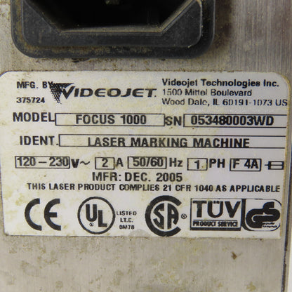 Videojet Focus 1000 Laser Marking Machine 120-230V