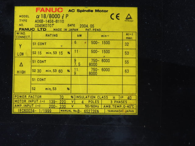Fanuc A06B-1456-B110 a18/8000iP 11kW 8000RPM MAX 139/220V AC Spindle Servo Motor