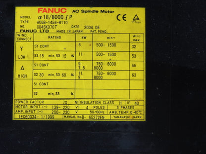 Fanuc A06B-1456-B110 a18/8000iP 11kW 8000RPM MAX 139/220V AC Spindle Servo Motor