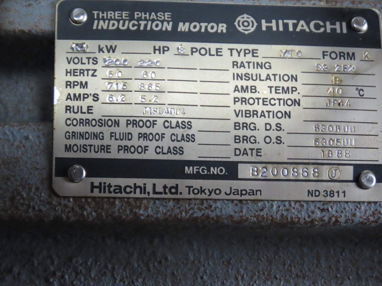 Hitachi B200868 1.1kW 200/220V 50/60Hz 715/865RPM Vertical Mill Induction Motor