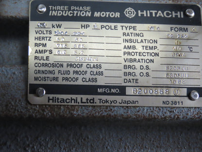 Hitachi B200868 1.1kW 200/220V 50/60Hz 715/865RPM Vertical Mill Induction Motor
