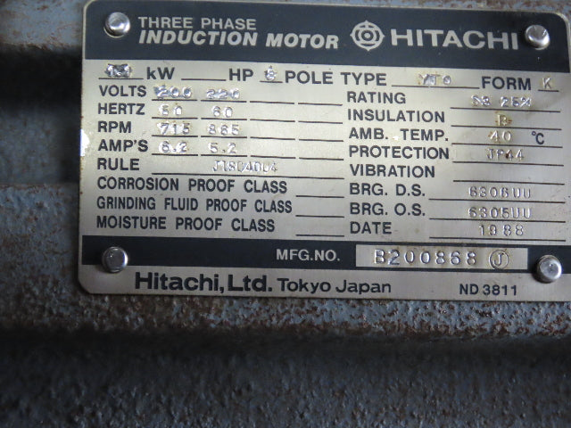 Hitachi B200868 1.1kW 200/220V 50/60Hz 715/865RPM Vertical Mill Induction Motor