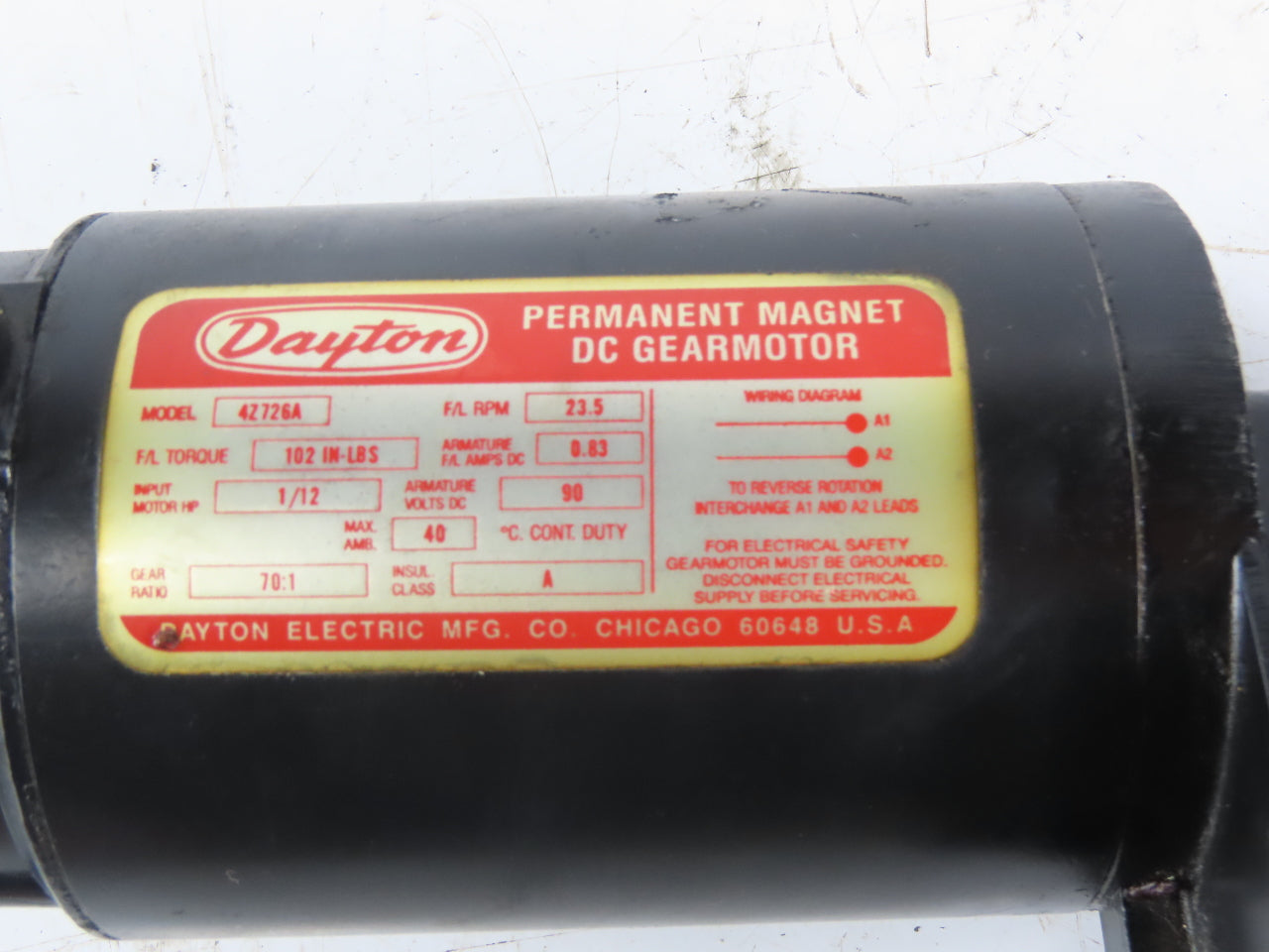 Dayton 4Z72GA 1/12 Hp 70:1 Ratio 90VDC Direct Current Gear Motor